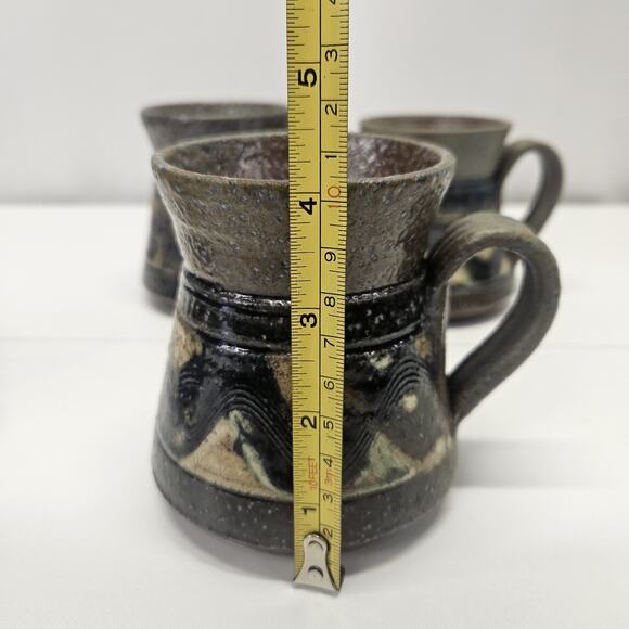 Vintage Studio Pottery Set of 4 Small Glazed Stoneware Mugs 4" Signed Coffee Mug - Picture 4 of 7